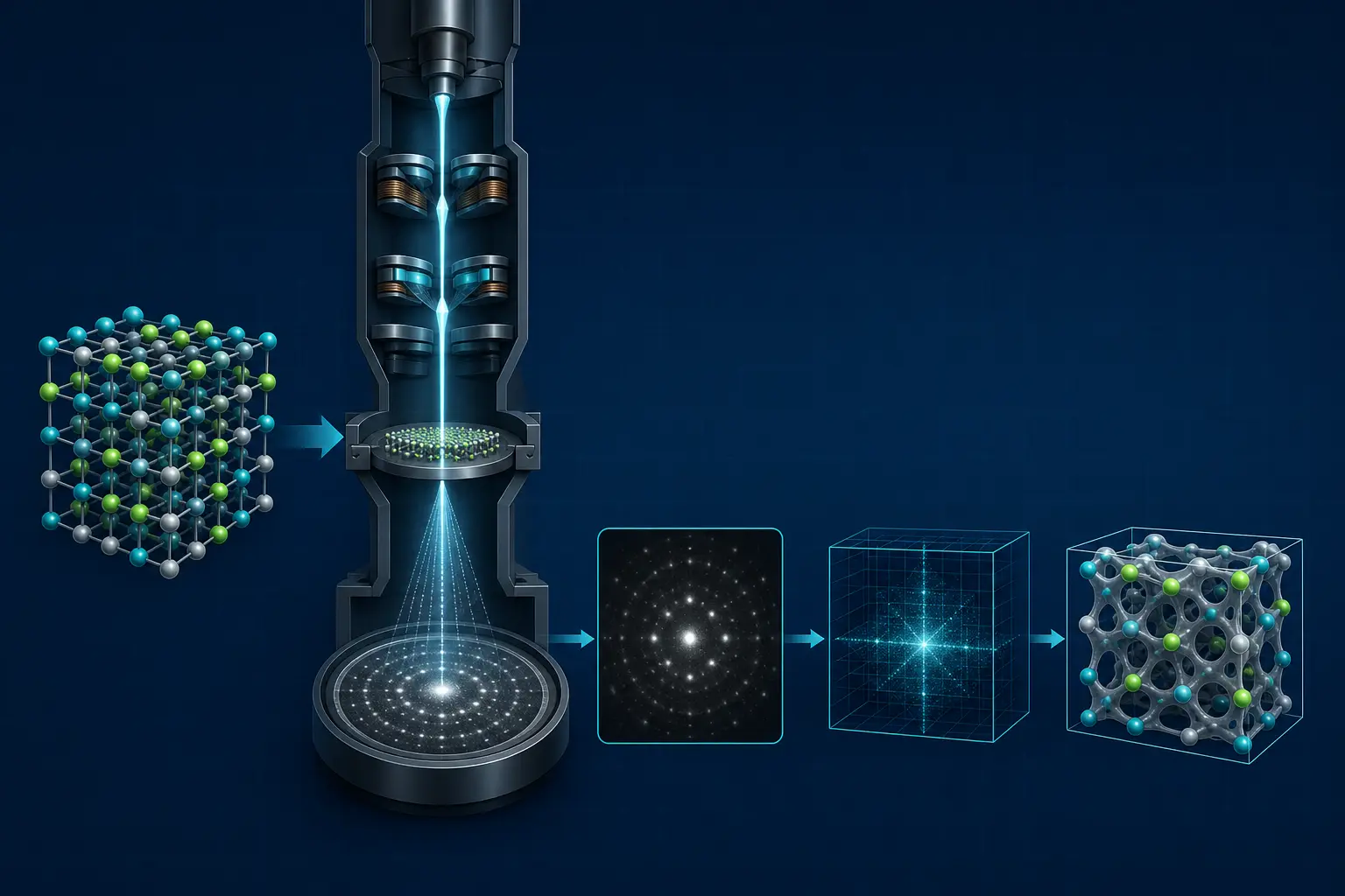 Workflow connecting an atomistic specimen model, electron microscope, detector measurement and quantitative reconstruction