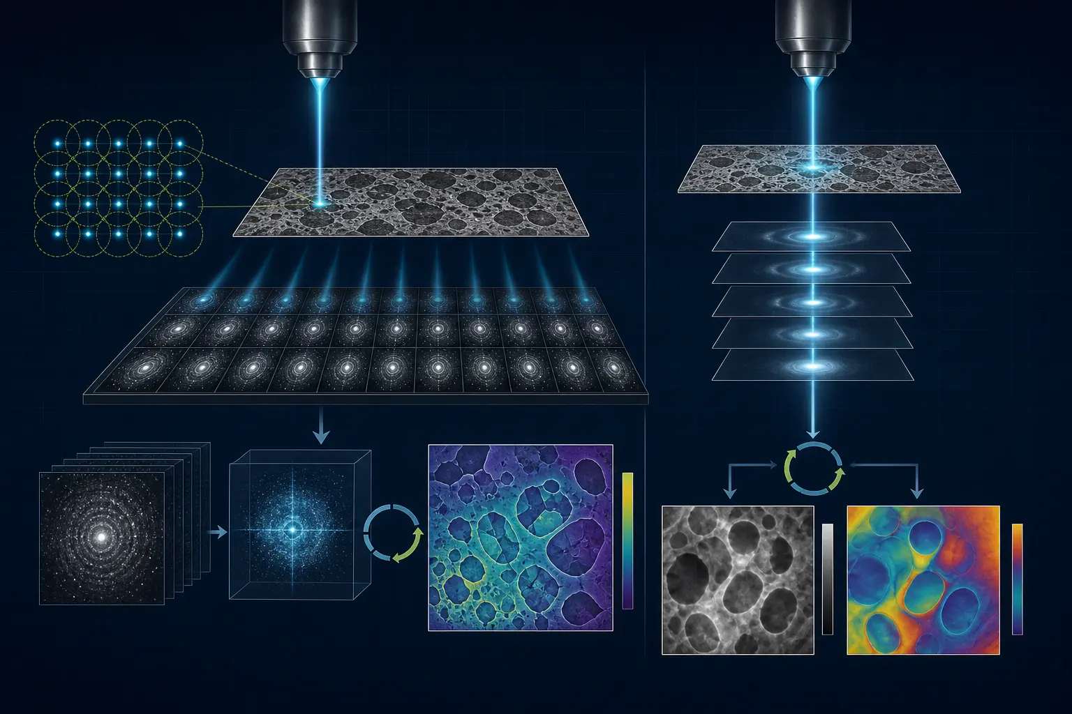 Illustrative top-to-bottom ptychography and focal-series workflows producing complex phase and amplitude reconstructions