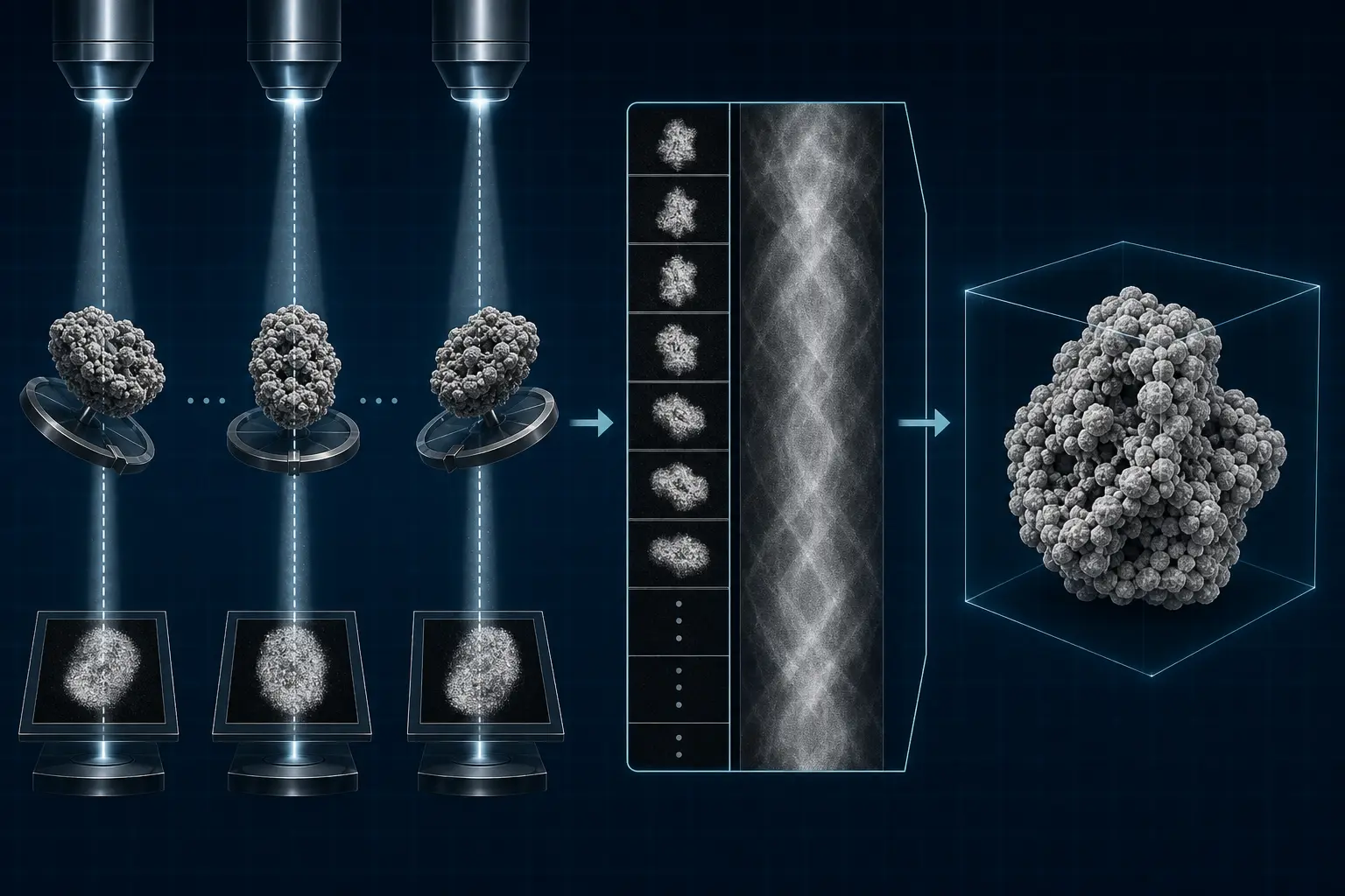 Electron tomography workflow connecting tilted specimen measurements and projections to a matching three-dimensional reconstruction