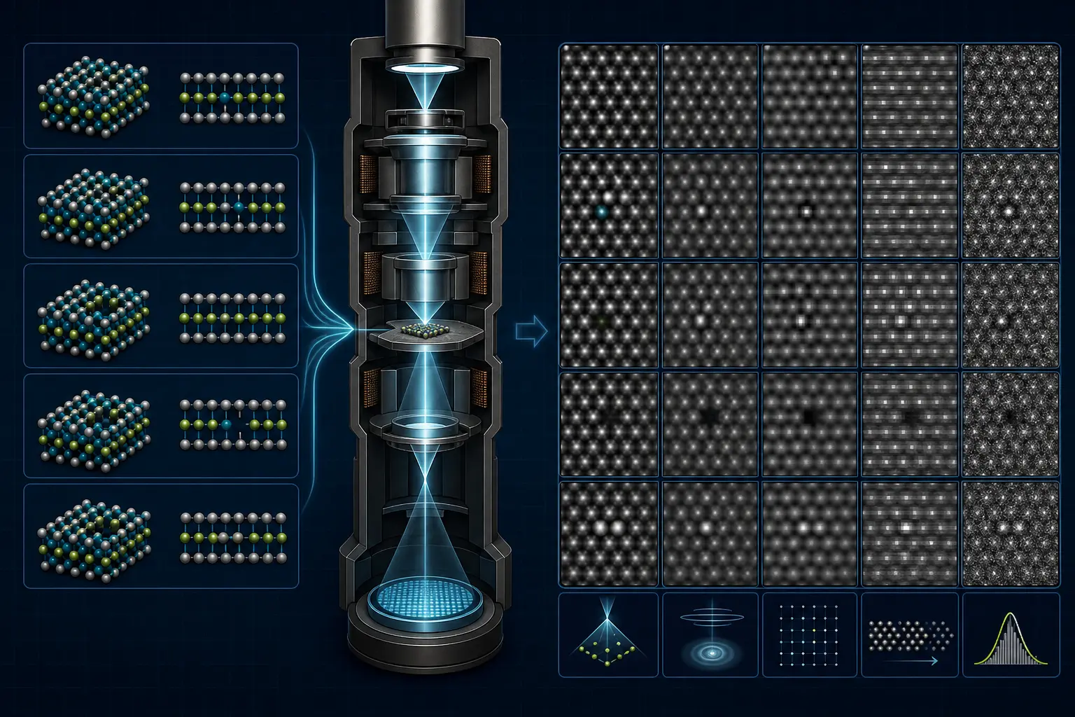 Illustrative top-to-bottom electron-beam simulation connecting atomistic specimen variations to controlled simulated microscopy images